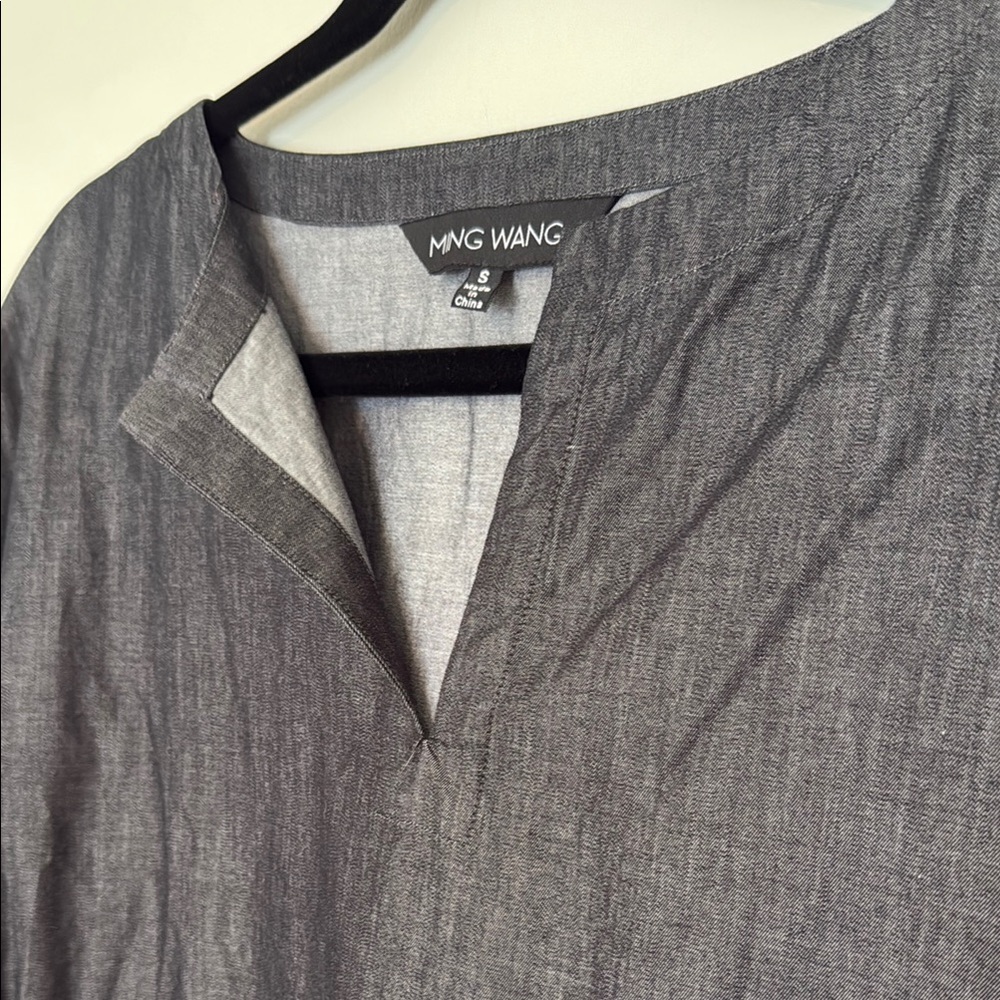 Ming Wang Gray Split Neck Cotton Shift Dress - image 8